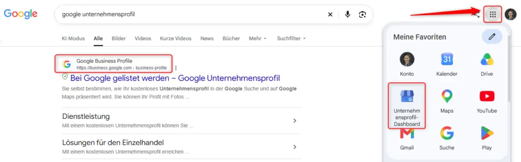Google Unternehmensprofil über die Google-Suche oder das App-Menü öffnen