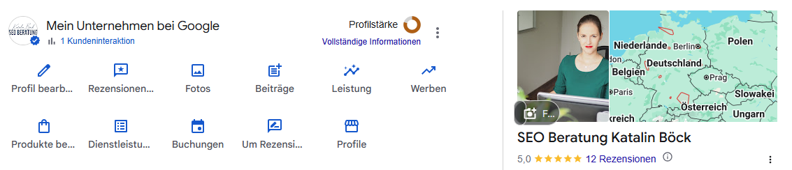 Profil-Dashboard im Google Unternehmensprofil mit Unternehmen-Infos (Profil bearbeiten), Produkten und Dienstleistungen