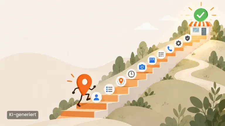 Standort-Pin steigt Treppe mit Einrichtungsschritten zum verifizierten Google Unternehmensprofil hinauf