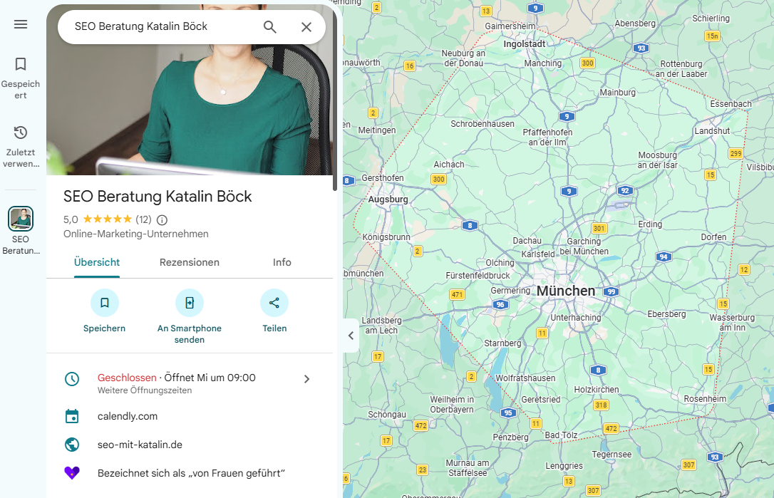 Einzugsgebiet im Google Unternehmensprofil: 2 Stunden Autofahrt um den Standort