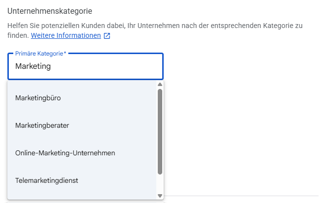 Hauptkategorie im Google Unternehmensprofil aus der Dropdown-Liste auswählen