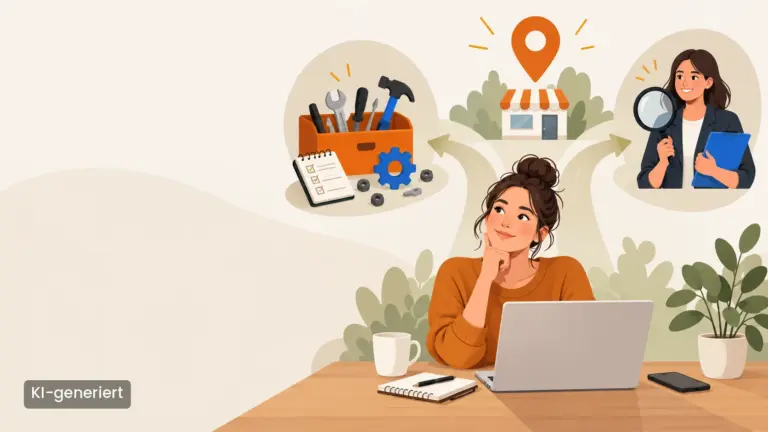 Selbstständige überlegt am Laptop, ob sie ihr Google Unternehmensprofil selbst optimiert oder eine Expertin beauftragt