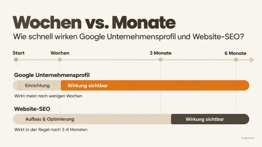 Zeitstrahl: Google Unternehmensprofil wirkt nach Wochen, Website-SEO nach Monaten