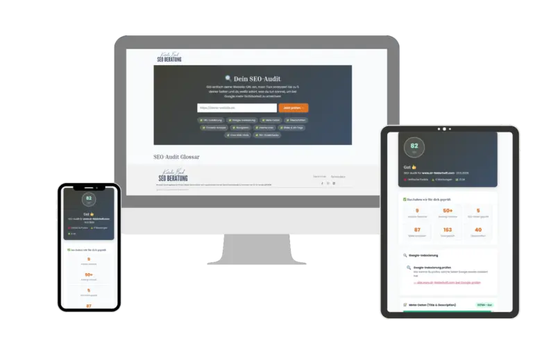 Mockup des kostenlosen SEO-Audit-Tools auf Desktop, Tablet und Smartphone